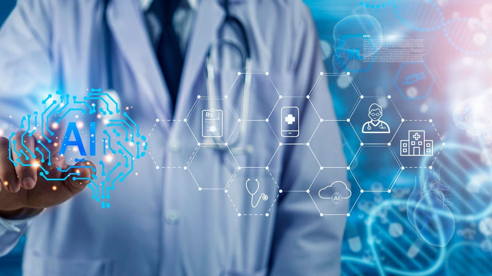 Intelligence artificielle santé — médecin et interface IA avec icônes médicales hexagonales
