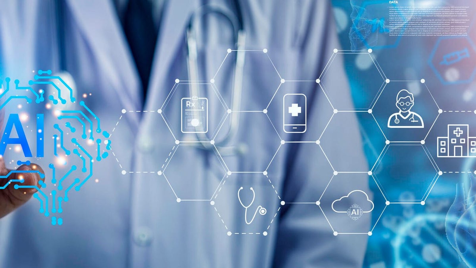 ChatGPT soignants — médecin avec réseau numérique IA et icônes médicales connectées