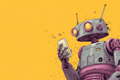 Agent IA vocal robot illustré tenant un smartphone sur fond jaune
