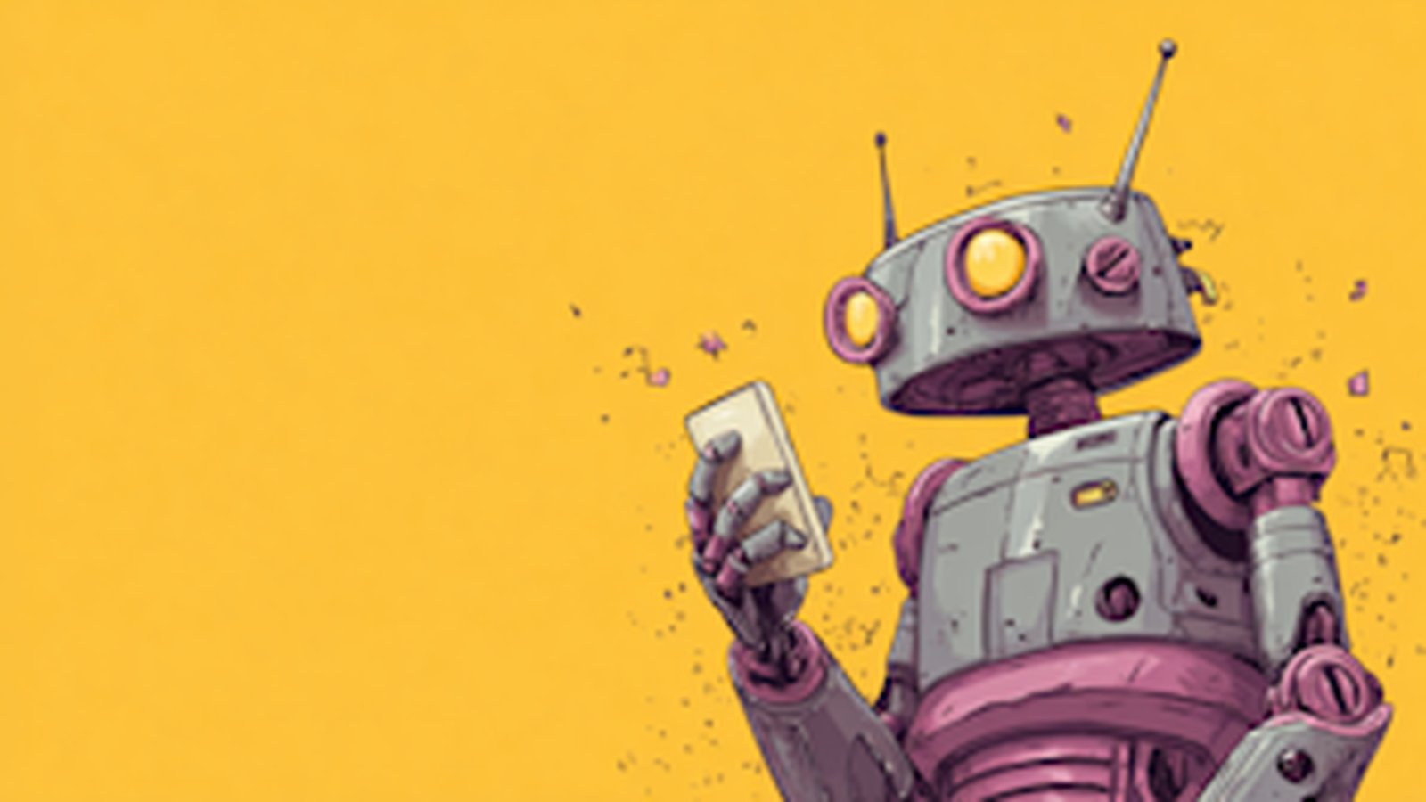 Agent IA vocal robot illustré tenant un smartphone sur fond jaune
