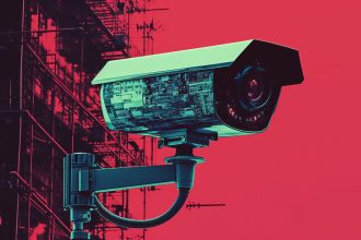 Surveillance au travail : caméra de sécurité avec données numériques sur fond rouge