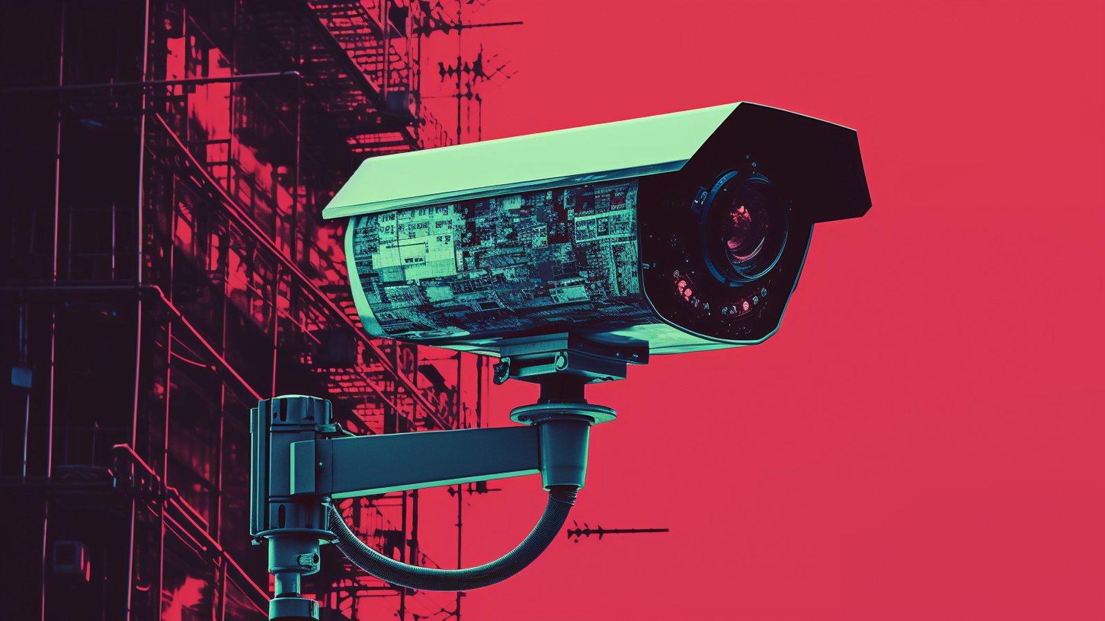 Surveillance au travail : caméra de sécurité avec données numériques sur fond rouge