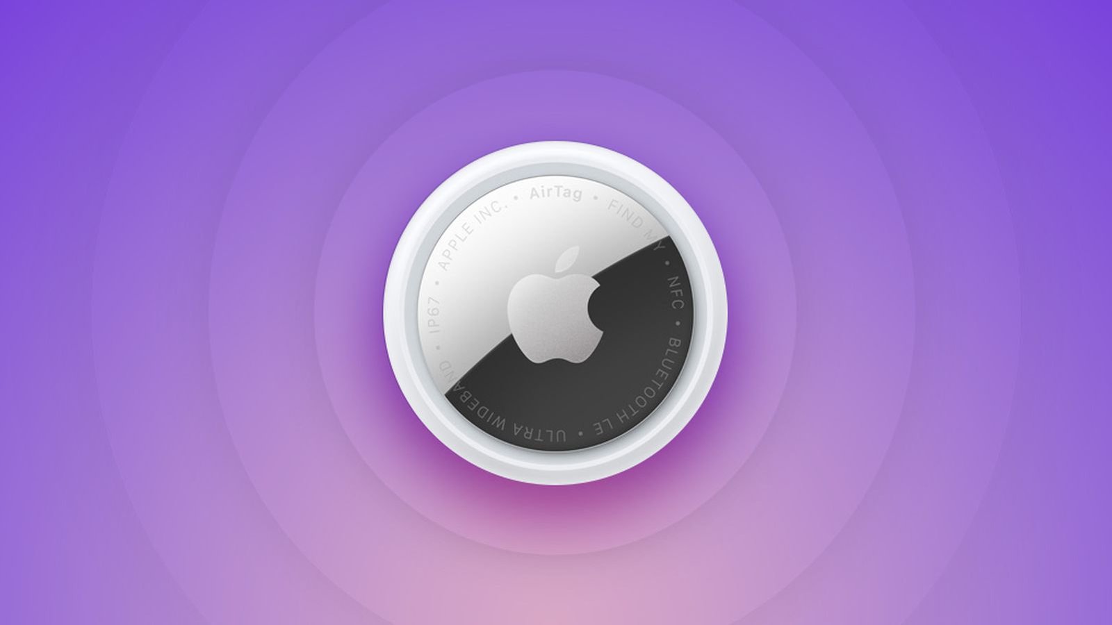 Apple AirTag disque circulaire sur fond violet avec ondes de signal
