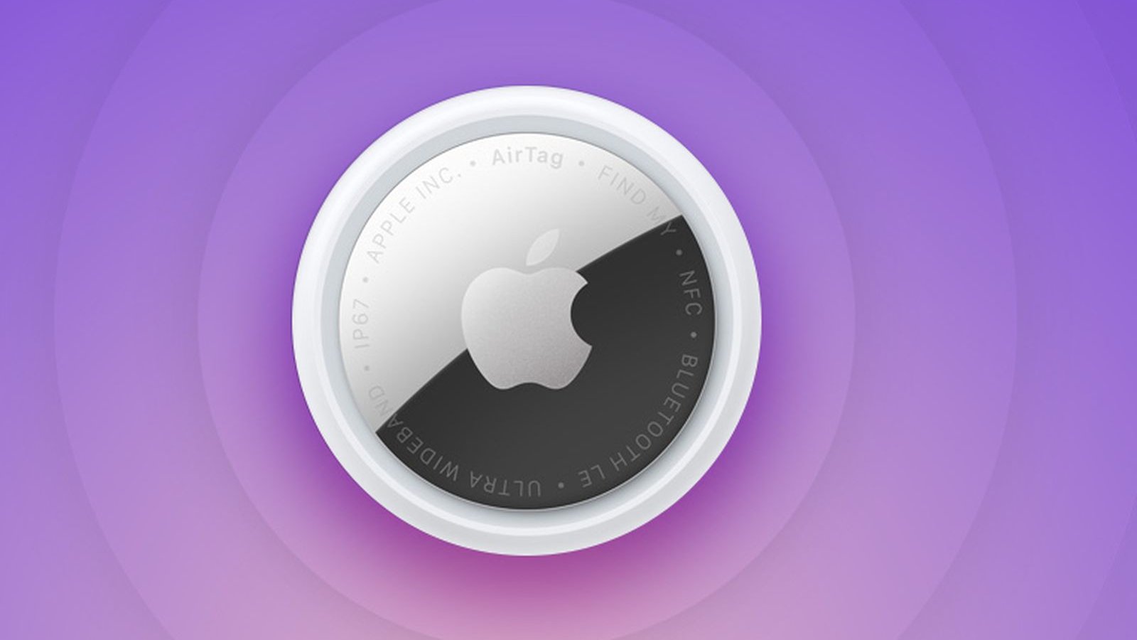 Apple AirTag face arrière avec logo Apple sur fond violet dégradé