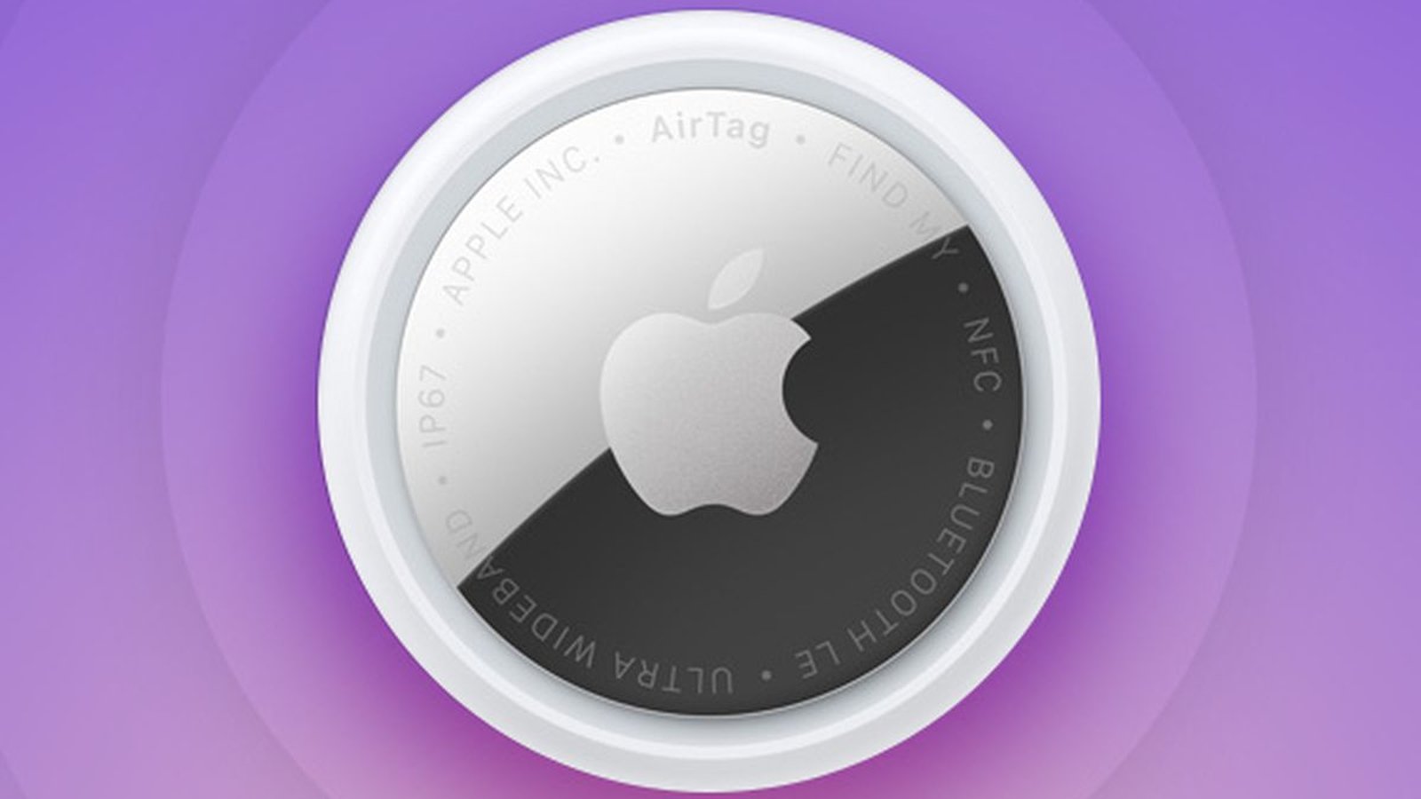 Apple AirTag pendentif circulaire IA avec technologies NFC et Ultra Wideband visibles