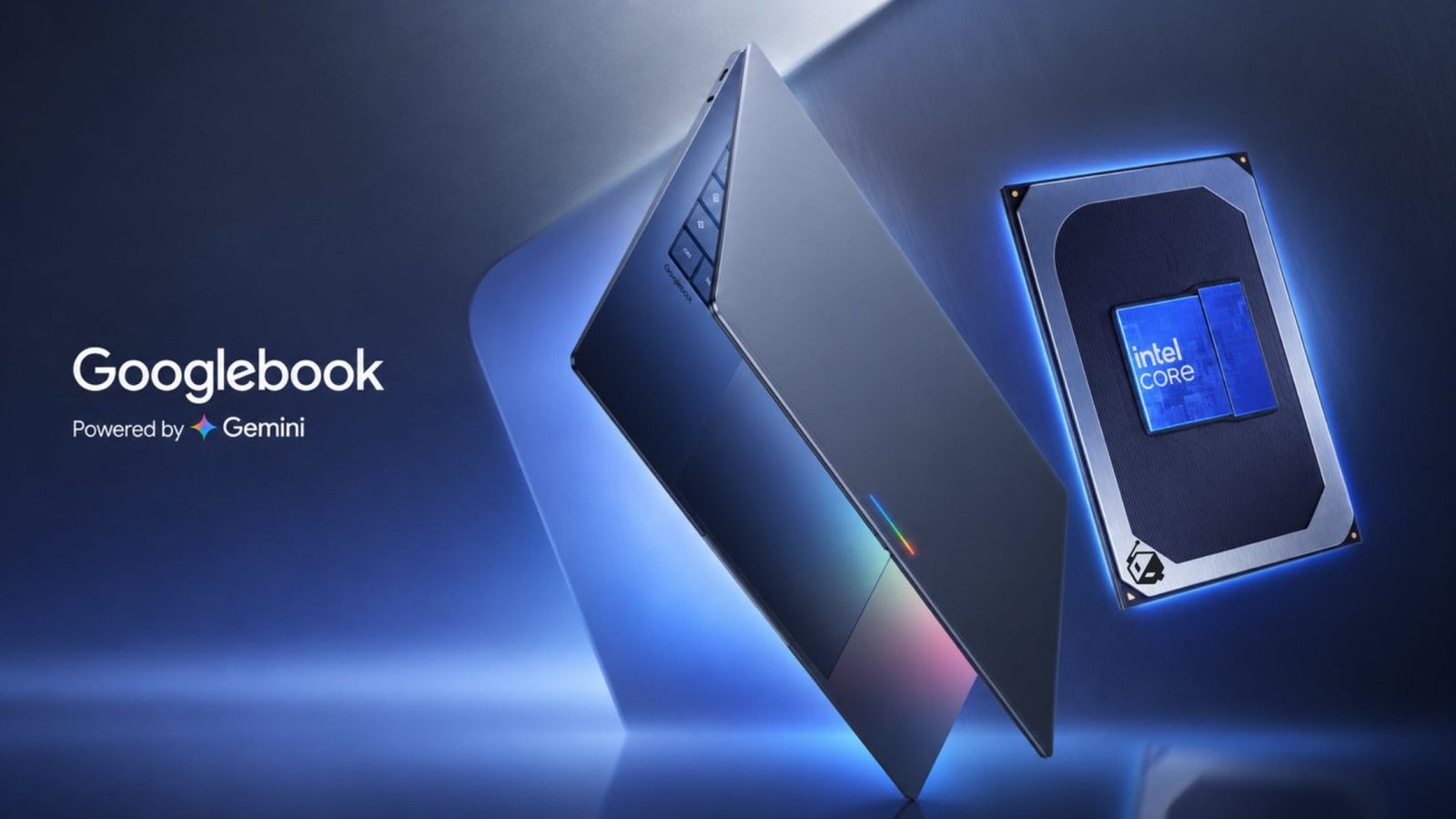 Googlebook Intel Google laptop avec puce Intel Core et logo Gemini