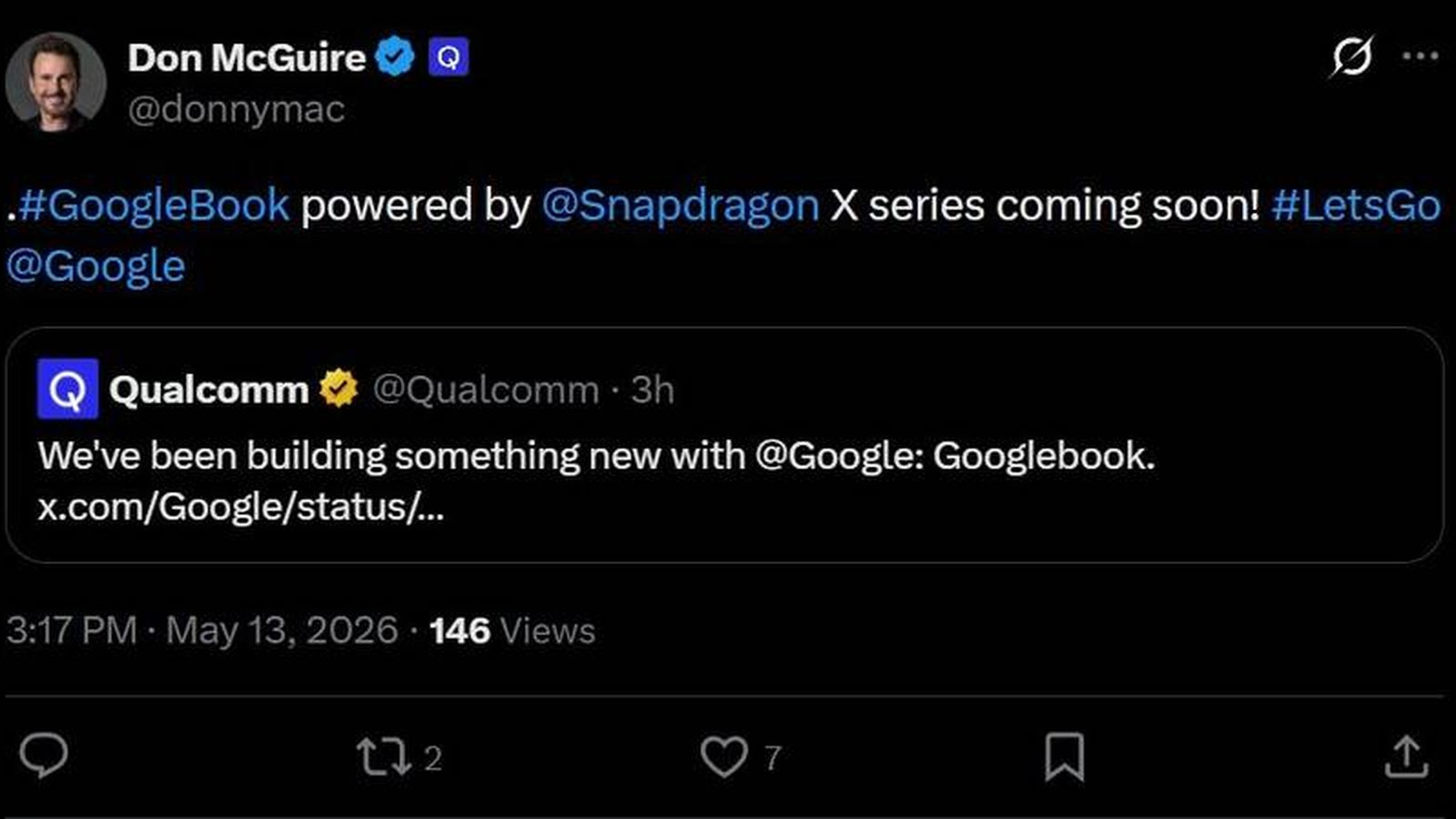 Tweet Qualcomm annonçant le Googlebook propulsé par Snapdragon X series