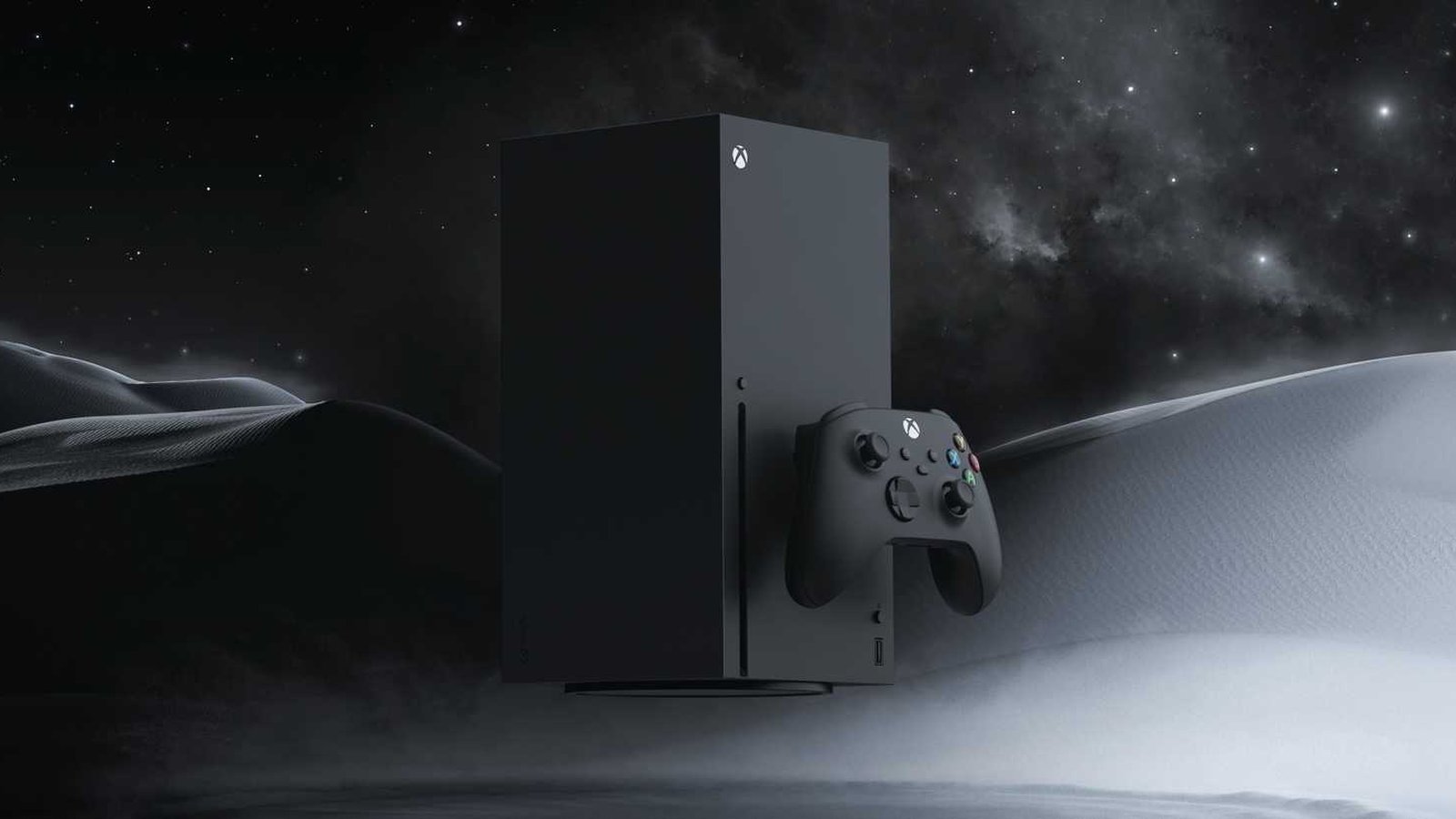 Xbox Series X et manette sans fil noire sur fond étoilé, console Microsoft