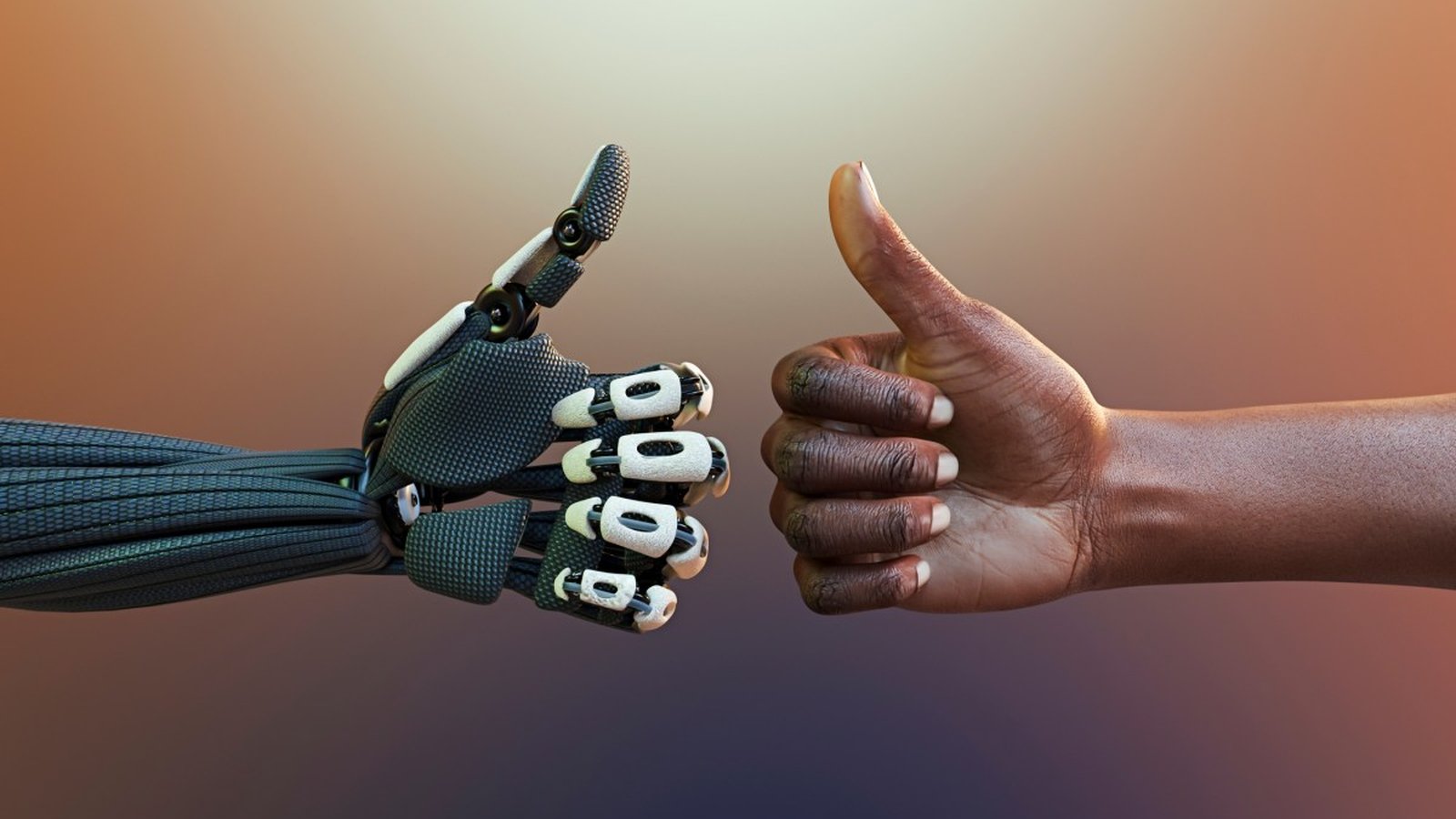 Robot humanoïde et main humaine en signe d'approbation, coopération IA