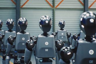 Robots humanoïdes en série dans un entrepôt industriel