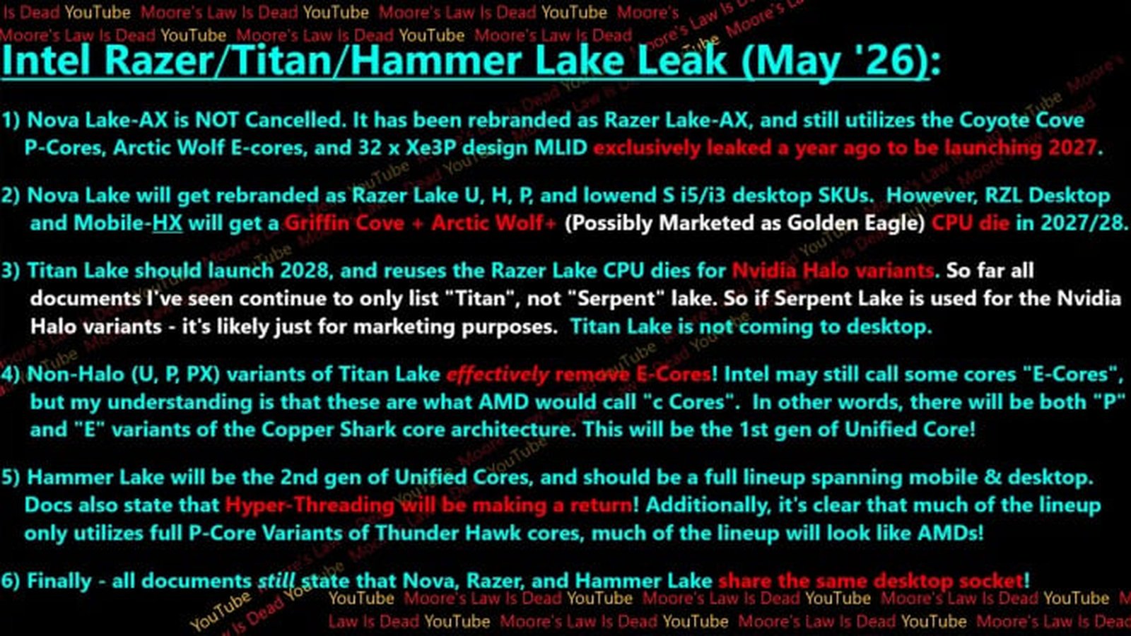 Résumé fuite Intel Titan Lake Hammer Lake mai 2026 - changements architecturaux