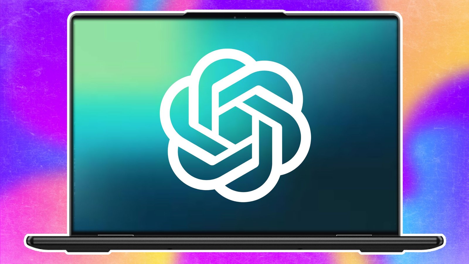Logo OpenAI sur écran d'ordinateur portable fond coloré