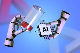 Smartphone OpenAI intelligence artificielle — mains robotiques tenant puce AI 3D