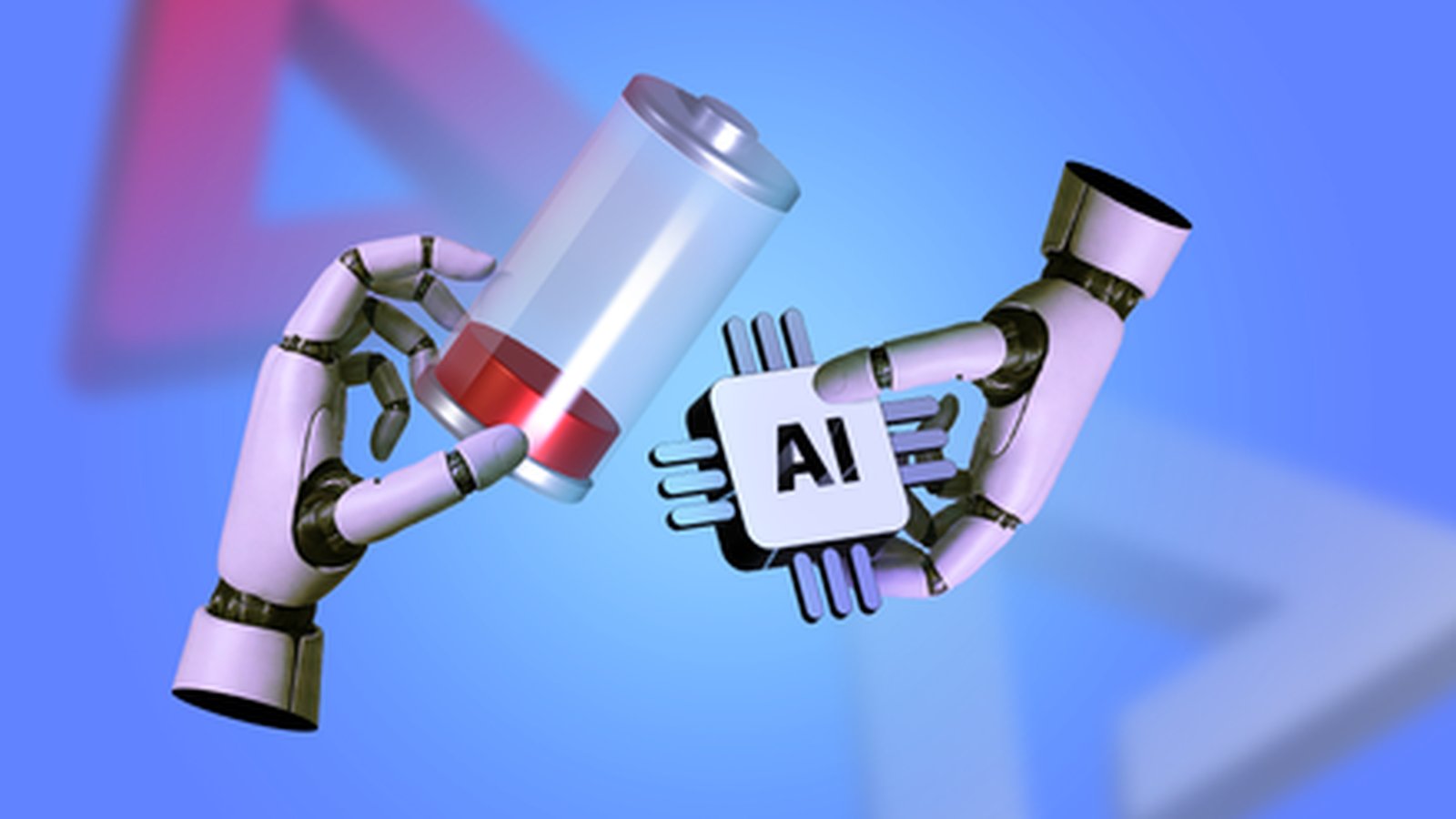 Smartphone OpenAI intelligence artificielle — mains robotiques tenant puce AI 3D
