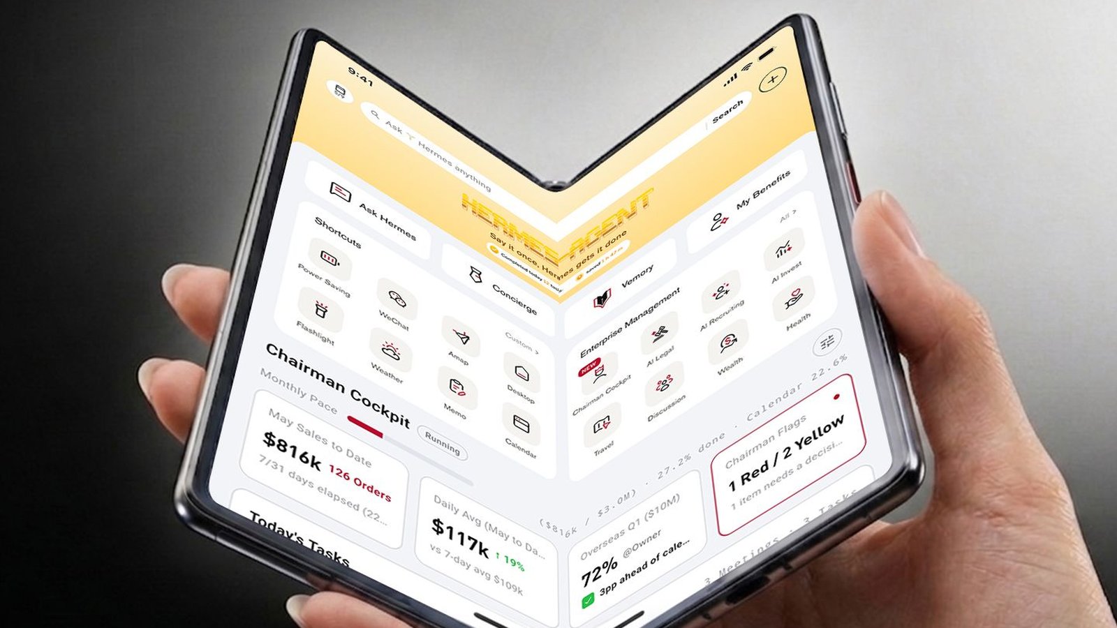 Vertu AlphaFold ouvert montrant l'interface IA Hermes Agent pour dirigeants