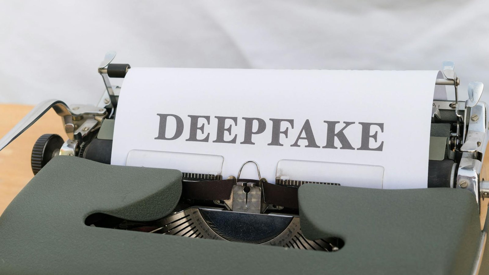 Old-fashioned typewriter with a paper labeled 'DEEPFAKE', symbolizing AI-generated content.