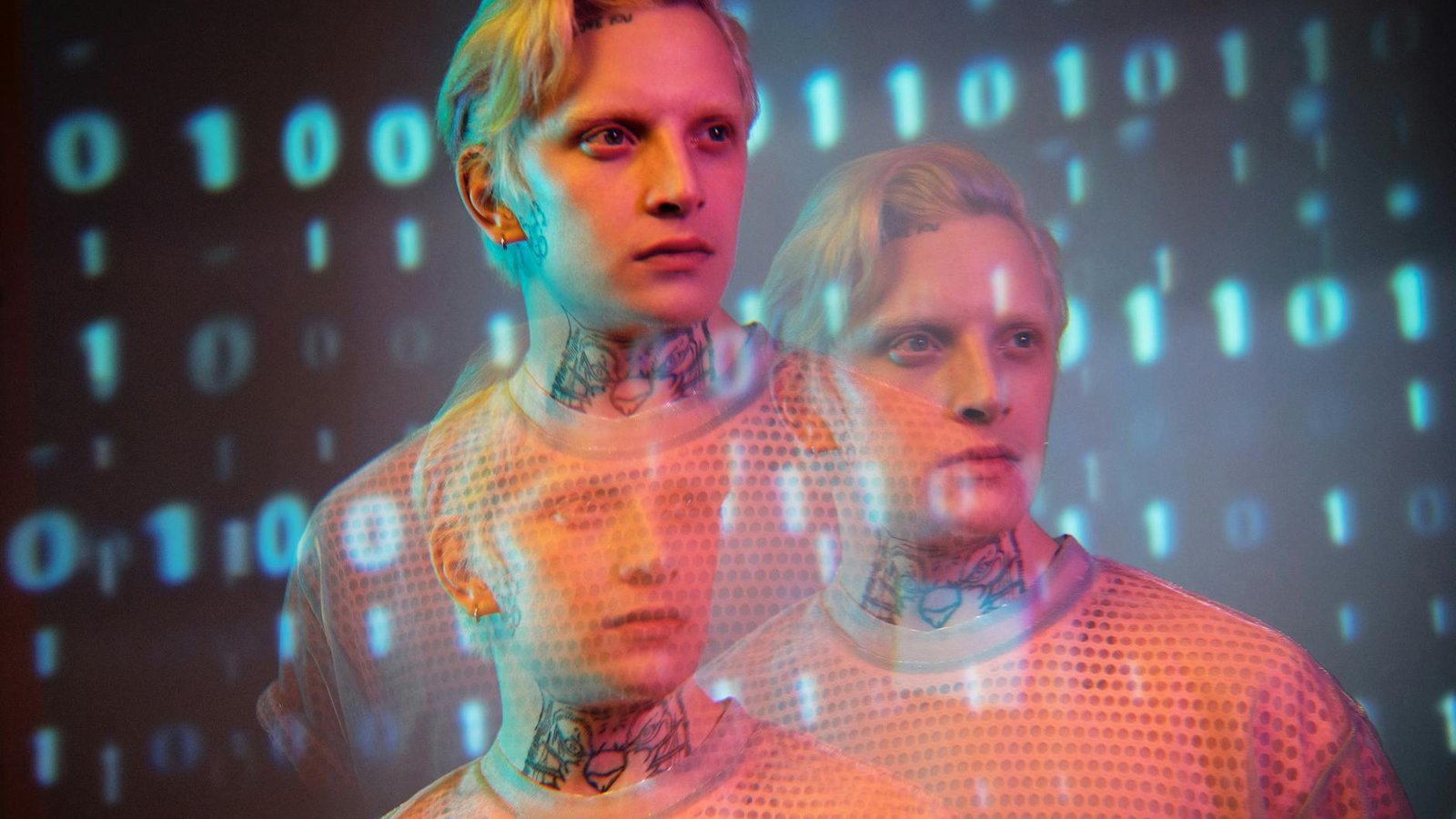 Creative portrait of a man with digital binary overlay, showcasing a modern artistic style.