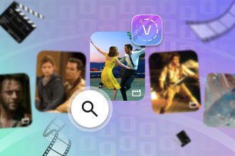 Application Voola reconnaissance de film avec vignettes cinéma sur fond violet