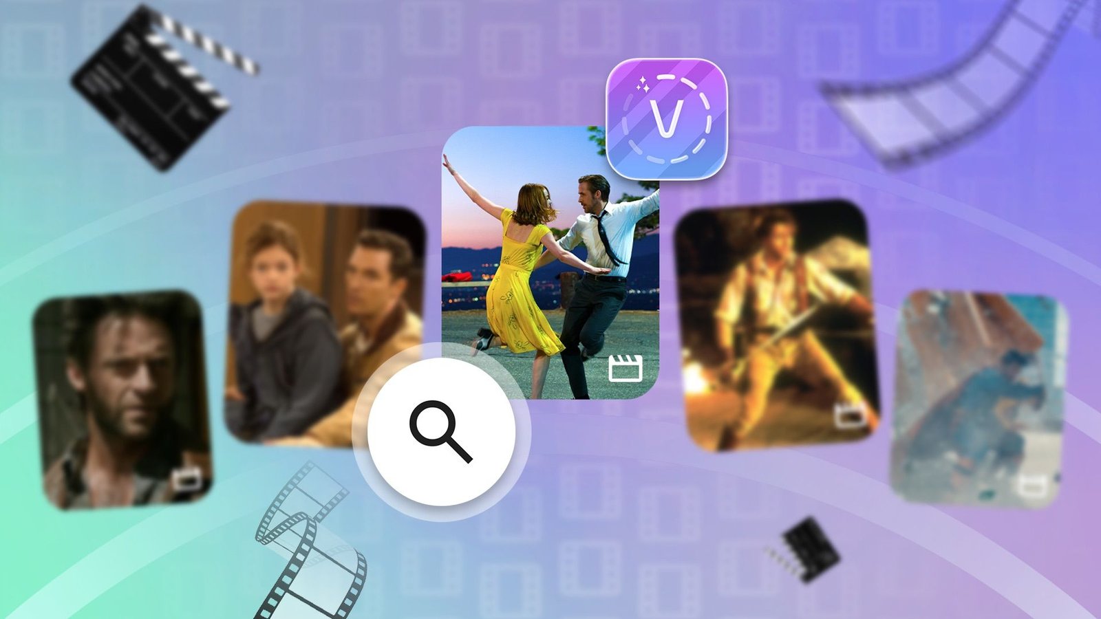 Application Voola reconnaissance de film avec vignettes cinéma sur fond violet