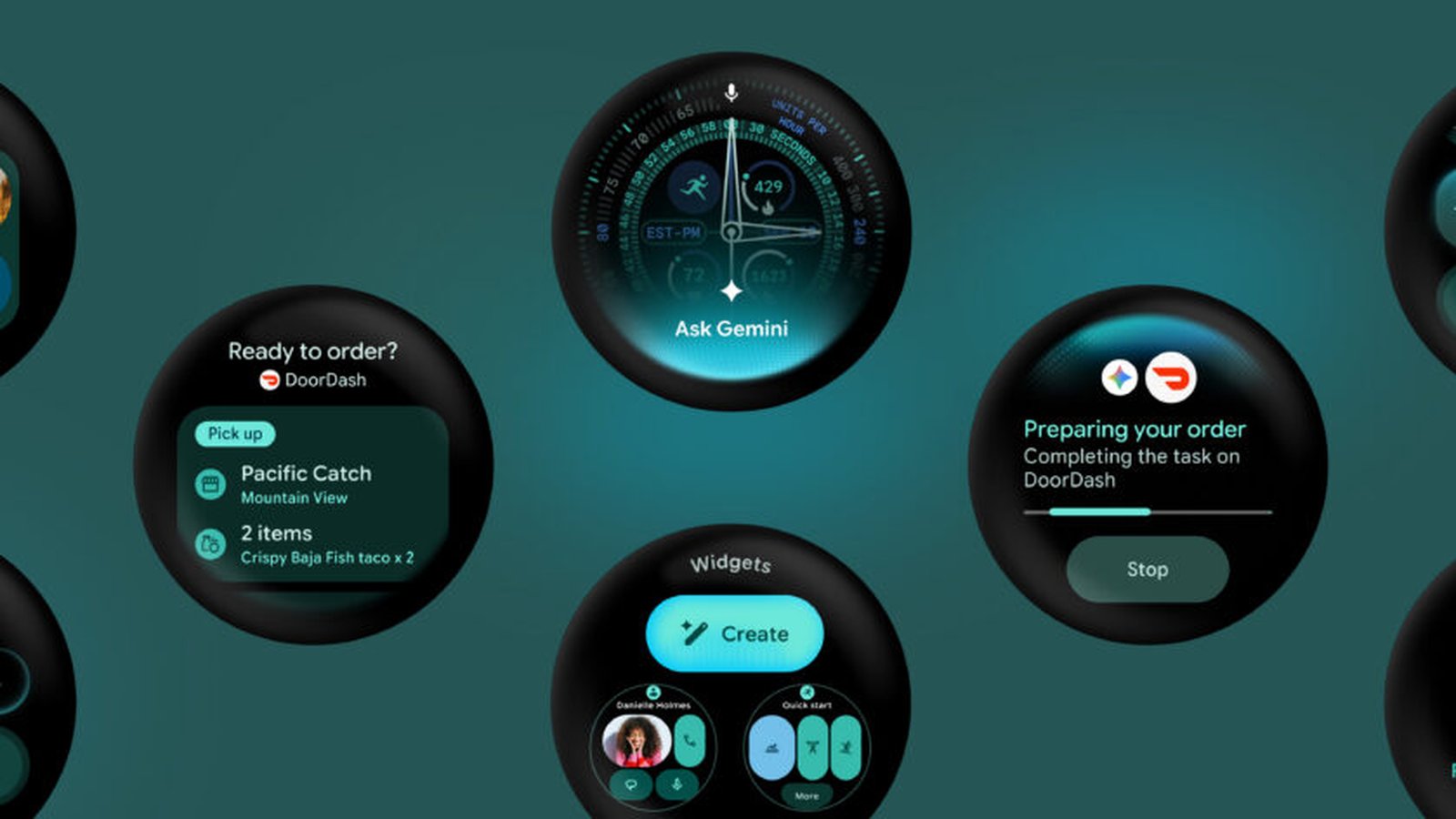 Interface Wear OS 7 avec Ask Gemini et widgets DoorDash sur montres connectées