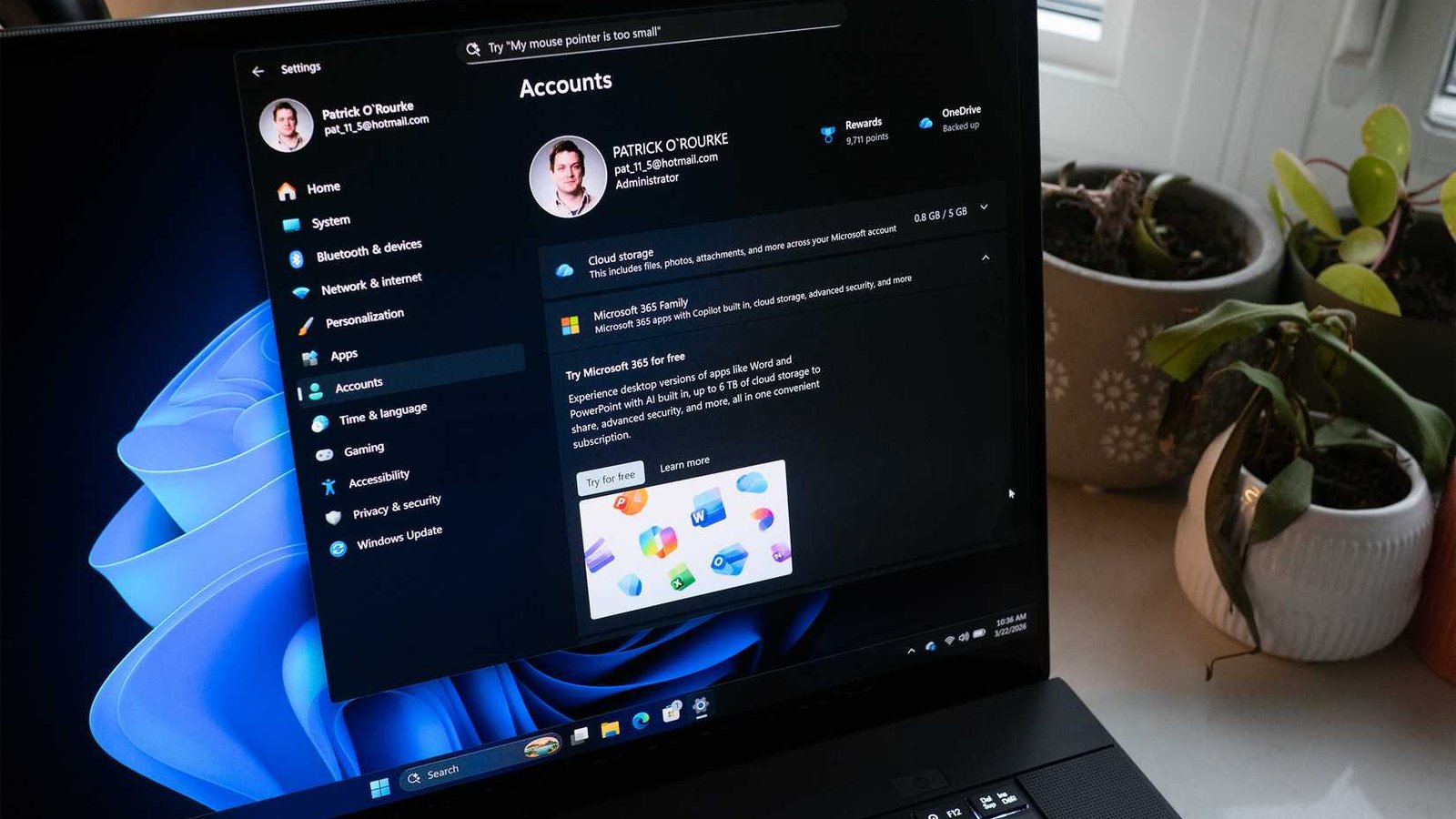 Windows 11 paramètres comptes sur laptop noir, interface moderne
