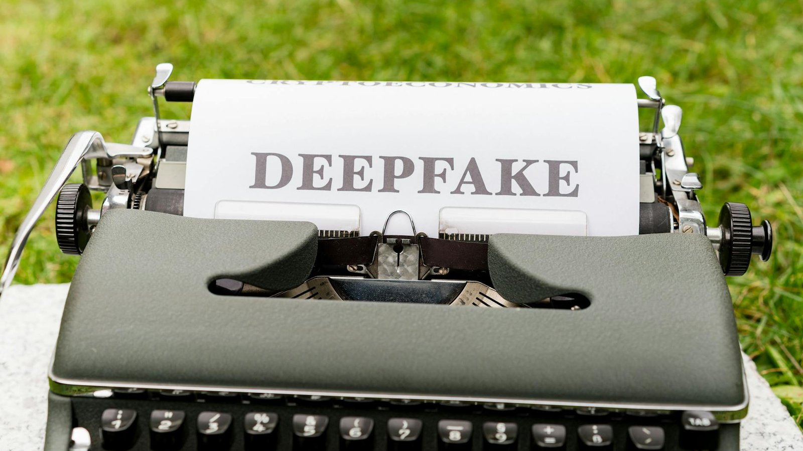 Deepfake YouTube — texte DEEPFAKE sur machine à écrire fond herbe verte